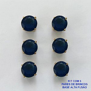 BRINCO NO BRUTO PRONTO PARA O BANHO - KIT COM 3 BRINCOS DE PINO COM BASE EM ALTA FUSÃO E COM ZIRCÔNIA AZUL ESCURA REDONDA 8X8MM - PESO TOTAL 6,8GR - BRU15946