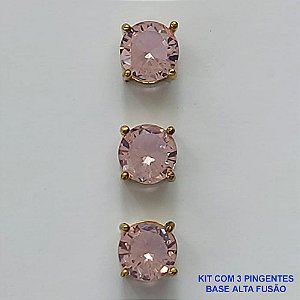 PINGENTE NO BRUTO PRONTO PARA O BANHO - KIT COM 3 PINGENTES COM BASES EM ALTA FUSÃO REDONDAS ZIRCÔNIAS ROSAS 8X8MM - PESO TOTAL 2,5GR - BRU15950