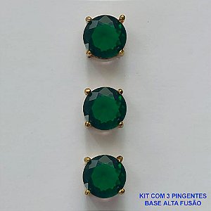 PINGENTE NO BRUTO PRONTO PARA O BANHO - KIT COM 3 PINGENTES COM BASES EM ALTA FUSÃO REDONDAS ZIRCÔNIAS VERDES 8X8MM - PESO TOTAL 2,5GR - BRU15951