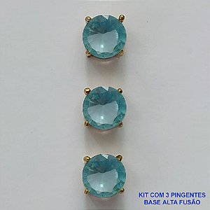 PINGENTE NO BRUTO PRONTO PARA O BANHO - KIT COM 3 PINGENTES COM BASES EM ALTA FUSÃO REDONDAS ZIRCÔNIAS AZUL CLARA 8X8MM - PESO TOTAL 2,5GR - BRU15953