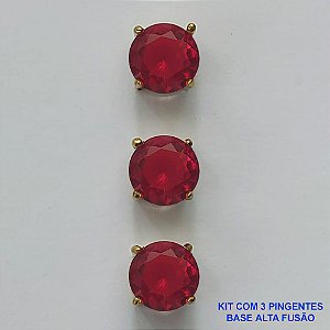 PINGENTE NO BRUTO PRONTO PARA O BANHO - KIT COM 3 PINGENTES COM BASES EM ALTA FUSÃO REDONDAS ZIRCÔNIAS VERMELHAS 8X8MM - PESO TOTAL 2,5GR - BRU15954