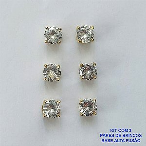 BRINCO NO BRUTO PRONTO PARA O BANHO - KIT COM 3 BRINCOS DE PINO COM BASE EM ALTA FUSÃO COM ZIRCÔNIA CRISTAL REDONDA 6X6MM - PESO TOTAL 3,4GR - BRU15959
