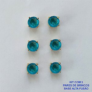 BRINCO NO BRUTO PRONTO PARA O BANHO - KIT COM 3 BRINCOS DE PINO COM BASE EM ALTA FUSÃO COM ZIRCÔNIA AZUL REDONDA 6X6MM - PESO TOTAL 3,4GR - BRU15961
