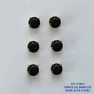 BRINCO NO BRUTO PRONTO PARA O BANHO - KIT COM 3 BRINCOS DE PINO COM BASE EM ALTA FUSÃO COM ZIRCÔNIA PRETA REDONDA 6X6MM - PESO TOTAL 3,4GR - BRU15962