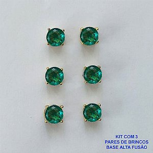 BRINCO NO BRUTO PRONTO PARA O BANHO - KIT COM 3 BRINCOS DE PINO COM BASE EM ALTA FUSÃO COM ZIRCÔNIA VERDE CLARA REDONDA 6X6MM - PESO TOTAL 3,4GR - BRU15963
