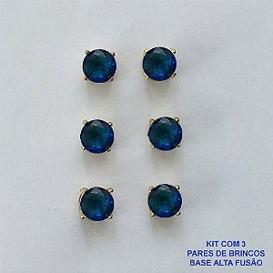 BRINCO NO BRUTO PRONTO PARA O BANHO - KIT COM 3 BRINCOS DE PINO COM BASE EM ALTA FUSÃO COM ZIRCÔNIA AZUL ESCURA REDONDA 6X6MM - PESO TOTAL 3,4GR - BRU15965