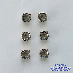 BRINCO NO BRUTO PRONTO PARA O BANHO - KIT COM 3 BRINCOS DE PINO COM BASE EM ALTA FUSÃO COM ZIRCÔNIA LILÁS REDONDA 6X6MM - PESO TOTAL 3,4GR - BRU15966