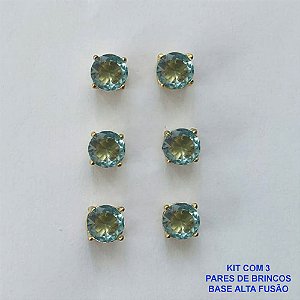 BRINCO NO BRUTO PRONTO PARA O BANHO - KIT COM 3 BRINCOS DE PINO COM BASE EM ALTA FUSÃO COM ZIRCÔNIA AZUL CLARA REDONDA 6X6MM - PESO TOTAL 3,4GR - BRU15967