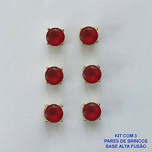 BRINCO NO BRUTO PRONTO PARA O BANHO - KIT COM 3 BRINCOS DE PINO COM BASE EM ALTA FUSÃO COM ZIRCÔNIA VERMELHA REDONDA 6X6MM - PESO TOTAL 3,4GR - BRU15968