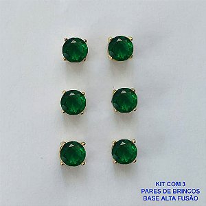 BRINCO NO BRUTO PRONTO PARA O BANHO - KIT COM 3 BRINCOS DE PINO COM BASE EM ALTA FUSÃO COM ZIRCÔNIA VERDE REDONDA 6X6MM - PESO TOTAL 3,4GR - BRU15969