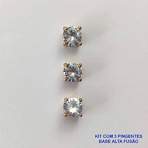 PINGENTE NO BRUTO PRONTO PARA O BANHO - KIT COM 3 PINGENTES COM BASES EM ALTA FUSÃO REDONDAS ZIRCÔNIAS CRISTAIS 6X6MM - PESO TOTAL 1,5GR - BRU15970