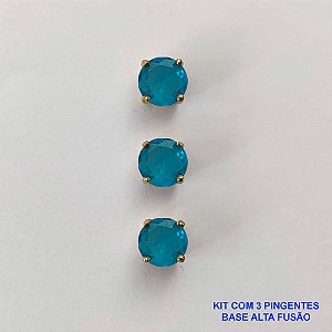 PINGENTE NO BRUTO PRONTO PARA O BANHO - KIT COM 3 PINGENTES COM BASES EM ALTA FUSÃO REDONDAS ZIRCÔNIAS AZUL 6X6MM - PESO TOTAL 1,5GR - BRU15972