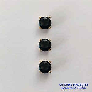 PINGENTE NO BRUTO PRONTO PARA O BANHO - KIT COM 3 PINGENTES COM BASES EM ALTA FUSÃO REDONDAS ZIRCÔNIAS PRETAS 6X6MM - PESO TOTAL 1,5GR - BRU15973