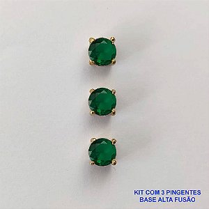 PINGENTE NO BRUTO PRONTO PARA O BANHO - KIT COM 3 PINGENTES COM BASES EM ALTA FUSÃO REDONDAS ZIRCÔNIAS VERDES 6X6MM - PESO TOTAL 1,5GR - BRU15974