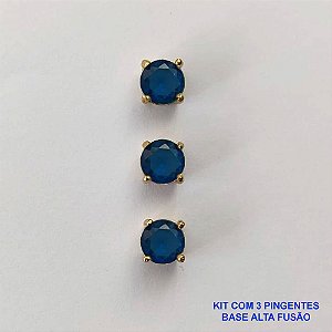 PINGENTE NO BRUTO PRONTO PARA O BANHO - KIT COM 3 PINGENTES COM BASES EM ALTA FUSÃO REDONDAS ZIRCÔNIAS AZUL ESCURA 6X6MM - PESO TOTAL 1,5GR - BRU15977