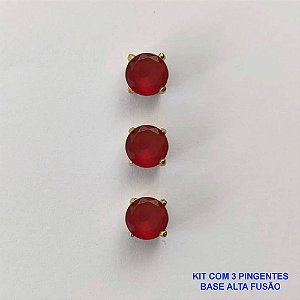 PINGENTE NO BRUTO PRONTO PARA O BANHO - KIT COM 3 PINGENTES COM BASES EM ALTA FUSÃO REDONDAS ZIRCÔNIAS VERMELHAS 6X6MM - PESO TOTAL 1,5GR - BRU15979