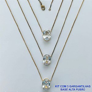 GARGANTILHA NO BRUTO PRONTA PARA O BANHO - KIT COM 3 GARGANTILHAS COM CORRENTES VENEZIANAS 45CM COM BASES EM LATÃO E PINGENTE EM ZIRCÔNIA CRISTAL OVAL 10X14CM - PESO TOTAL 9GR - BRU15981