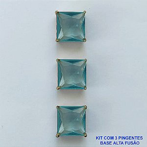 PINGENTE NO BRUTO PRONTO PARA O BANHO - KIT COM 3 PINGENTES COM BASES EM ALTA FUSÃO COM ZIRCÔNIAS QUADRADAS AZUIS CLARAS 10X10MM - PESO TOTAL 6,8GR - BRU15990