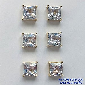 BRINCO NO BRUTO PRONTO PARA O BANHO - KIT COM 3 BRINCOS DE PINO COM BASE EM ALTA FUSÃO COM ZIRCÔNIA CRISTAL QUADRADA 10X10MM - PESO TOTAL 14,2GR - BRU15991