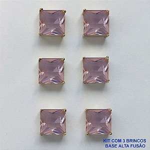 BRINCO NO BRUTO PRONTO PARA O BANHO - KIT COM 3 BRINCOS DE PINO COM BASE EM ALTA FUSÃO COM ZIRCÔNIA ROSA QUADRADA 10X10MM - PESO TOTAL 14,2GR - BRU15992