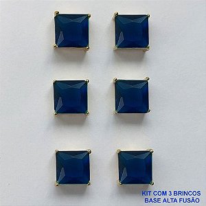 BRINCO NO BRUTO PRONTO PARA O BANHO - KIT COM 3 BRINCOS DE PINO COM BASE EM ALTA FUSÃO COM ZIRCÔNIA AZUL ESCURA QUADRADA 10X10MM - PESO TOTAL 14,2GR - BRU15993
