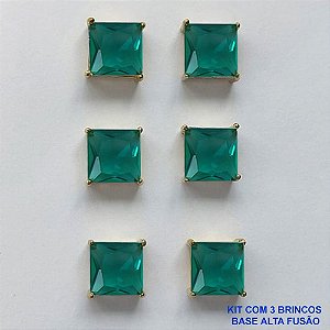 BRINCO NO BRUTO PRONTO PARA O BANHO - KIT COM 3 BRINCOS DE PINO COM BASE EM ALTA FUSÃO COM ZIRCÔNIA VERDE QUADRADA 10X10MM - PESO TOTAL 14,2GR - BRU15995