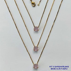 GARGANTILHA NO BRUTO PRONTA PARA O BANHO - KIT COM 3 GARGANTILHAS COM CORRENTES VENEZIANAS 45CM COM BASES EM LATÃO E PINGENTE EM ZIRCÔNIA PONTO DE LUZ ROSA REDONDA 6X6CM - PESO TOTAL 7,2GR - BRU15999