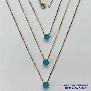 GARGANTILHA NO BRUTO PRONTA PARA O BANHO - KIT COM 3 GARGANTILHAS COM CORRENTES VENEZIANAS 45CM COM BASES EM LATÃO E PINGENTE EM ZIRCÔNIA PONTO DE LUZ AZUL REDONDA 6X6CM - PESO TOTAL 7,2GR - BRU16000