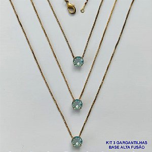 GARGANTILHA NO BRUTO PRONTA PARA O BANHO - KIT COM 3 GARGANTILHAS COM CORRENTES VENEZIANAS 45CM COM BASES EM LATÃO E PINGENTE EM ZIRCÔNIA PONTO DE LUZ AZUL CLARA REDONDA 6X6CM - PESO TOTAL 7,2GR - BRU16003