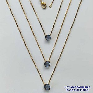 GARGANTILHA NO BRUTO PRONTA PARA O BANHO - KIT COM 3 GARGANTILHAS COM CORRENTES VENEZIANAS 45CM COM BASES EM LATÃO E PINGENTE EM ZIRCÔNIA PONTO DE LUZ LILÁS REDONDA 6X6CM - PESO TOTAL 7,2GR - BRU16004