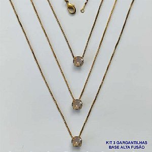 GARGANTILHA NO BRUTO PRONTA PARA O BANHO - KIT COM 3 GARGANTILHAS COM CORRENTES VENEZIANAS 45CM COM BASES EM LATÃO E PINGENTE EM ZIRCÔNIA PONTO DE LUZ MARROM REDONDA 6X6CM - PESO TOTAL 7,2GR - BRU16005