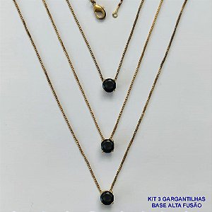 GARGANTILHA NO BRUTO PRONTA PARA O BANHO - KIT COM 3 GARGANTILHAS COM CORRENTES VENEZIANAS 45CM COM BASES EM LATÃO E PINGENTE EM ZIRCÔNIA PONTO DE LUZ PRETA REDONDA 6X6CM - PESO TOTAL 7,2GR - BRU16007