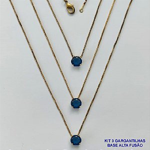 GARGANTILHA NO BRUTO PRONTA PARA O BANHO - KIT COM 3 GARGANTILHAS COM CORRENTES VENEZIANAS 45CM COM BASES EM LATÃO E PINGENTE EM ZIRCÔNIA PONTO DE LUZ AZUL ESCURA REDONDA 6X6CM - PESO TOTAL 7,2GR - BRU16008