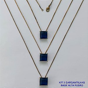 GARGANTILHA NO BRUTO PRONTA PARA O BANHO - KIT COM 3 GARGANTILHAS COM CORRENTES VENEZIANA 45CM E PINGENTES COM BASES EM ALTA FUSÃO E ZIRCÔNIA QUADRADA AZUL ESCURA 10X10MM - PESO TOTAL 8,7GR - BRU16019
