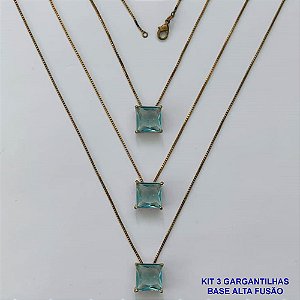 GARGANTILHA NO BRUTO PRONTA PARA O BANHO - KIT COM 3 GARGANTILHAS COM CORRENTES VENEZIANA 45CM E PINGENTES COM BASES EM ALTA FUSÃO E ZIRCÔNIA QUADRADA AZUL CLARA 10X10MM - PESO TOTAL 8,7GR - BRU16020