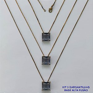 GARGANTILHA NO BRUTO PRONTA PARA O BANHO - KIT COM 3 GARGANTILHAS COM CORRENTES VENEZIANA 45CM E PINGENTES COM BASES EM ALTA FUSÃO E ZIRCÔNIA QUADRADA LILÁS 10X10MM - PESO TOTAL 8,7GR - BRU16023