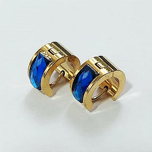 BRINCO EM AÇO INOXIDÁVEL - (CX.137) BRINCO DE ARGOLA DOURADA COM STRASS AZUL ESCURO 7X14MM - COMPOSIÇÃO: AÇO INOXIDÁVEL - AÇO2168