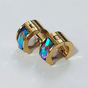 BRINCO EM AÇO INOXIDÁVEL - (CX.137) BRINCO DE ARGOLA DOURADA COM STRASS COLORIDA 7X14MM - COMPOSIÇÃO: AÇO INOXIDÁVEL - AÇO2170