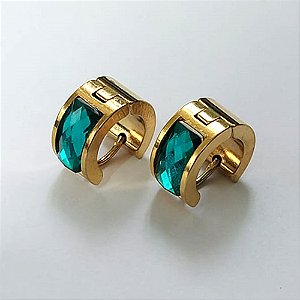 BRINCO EM AÇO INOXIDÁVEL - (CX.137) BRINCO DE ARGOLA DOURADA COM STRASS VERDE 7X14MM - COMPOSIÇÃO: AÇO INOXIDÁVEL - AÇO2171