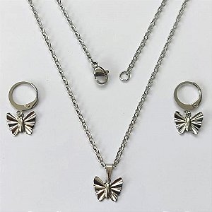 CONJUNTO EM AÇO INOXIDÁVEL - CONJUNTO COM CORRENTE 45CM (AÇO03C) (CX.109) BRINCO ARGOLINHA DE PRESSÃO E PINGENTE BORBOLETA 11MM - COMPOSIÇÃO: AÇO INOXIDÁVEL - AÇO2182