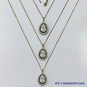 GARGANTILHA NO BRUTO PRONTA PARA O BANHO(CX139) - (AD) KIT COM 3 CORRENTES VENEZIANAS 45CM E PINGENTES COM BASES CRAVEJADAS VERDES E CRISTAIS E ZIRCÔNIA CRISTAL 10X14MM - PESO TOTAL 16,5GR - BRU16076