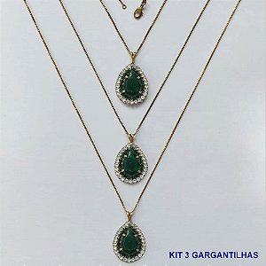 GARGANTILHA NO BRUTO PRONTA PARA O BANHO(CX139) - (AD) KIT COM 3 CORRENTES VENEZIANAS 45CM E PINGENTES COM BASES CRAVEJADAS VERDES E CRISTAIS E ZIRCÔNIA VERDE 10X14MM - PESO TOTAL 16,5GR - BRU16077