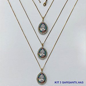 GARGANTILHA NO BRUTO PRONTA PARA O BANHO(CX139) - (AD) KIT COM 3 CORRENTES VENEZIANAS 45CM E PINGENTES COM BASES CRAVEJADAS COLORIDAS E CRISTAIS E ZIRCÔNIA CRISTAL 10X14MM - PESO TOTAL 16,5GR - BRU16078