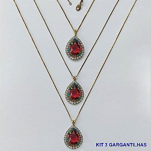 GARGANTILHA NO BRUTO PRONTA PARA O BANHO(CX139) - (AD) KIT COM 3 CORRENTES VENEZIANAS 45CM E PINGENTES COM BASES CRAVEJADAS COLORIDAS E CRISTAIS E ZIRCÔNIA ROSA 10X14MM - PESO TOTAL 16,5GR - BRU16079