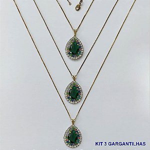 GARGANTILHA NO BRUTO PRONTA PARA O BANHO(CX139) - (AD) KIT COM 3 CORRENTES VENEZIANAS 45CM E PINGENTES COM BASES CRAVEJADAS COLORIDAS E CRISTAIS E ZIRCÔNIA VERDE 10X14MM - PESO TOTAL 16,5GR - BRU16080