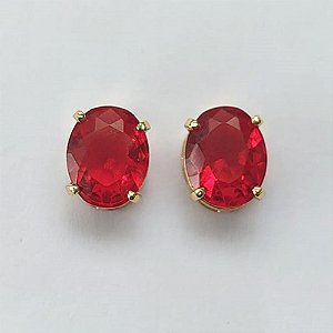 BRINCO FOLHEADO A OURO - BANHADO COM 5 MILÉSIMOS + VERNIZ DIAMOND - BRINCO DE PINO COM ZIRCÔNIA VERMELHA 8X10MM - OURO411