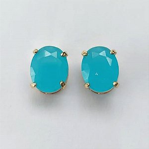 BRINCO FOLHEADO A OURO - BANHADO COM 5 MILÉSIMOS + VERNIZ DIAMOND - BRINCO DE PINO COM ZIRCÔNIA AZUL 8X10MM - OURO412