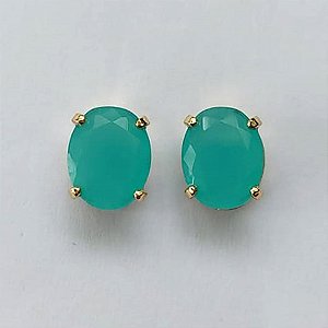 BRINCO FOLHEADO A OURO - BANHADO COM 5 MILÉSIMOS + VERNIZ DIAMOND - BRINCO DE PINO COM ZIRCÔNIA VERDE 8X10MM - OURO413