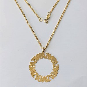 GARGANTILHA FOLHEADA A OURO - BANHADO COM 5 MILÉSIMOS + VERNIZ DIAMOND - CORRENTE 3X1 45CM E PINGENTE REDONDO PAZ 40MM - FECHO REDONDO - OURO418