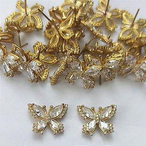 BRINCO NO BRUTO PRONTO PARA O BANHO - BRINCO DE PINO BORBOLETA CRAVEJADA EM MICROS ZIRCÔNIAS 15MM - PESO: 2,8GR - COMPOSIÇÃO: LATÃO / ZIRCÔNIA - BRU16112